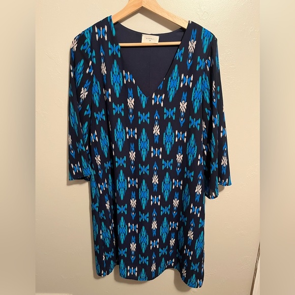 Everly Blue and White Colorful Geometric Patterned Shift Dress Medium 3/4 Sleeve - Picture 2 of 12